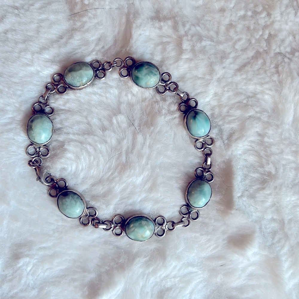 Artisanal Larimar stone bracelet, 925 silver, Dominican Republic, 7.25”